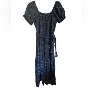 Indigo‎ Rose Navy Blue Polka Dot Midi Dress – Smocked Bodice, Puff Sleeves (M)